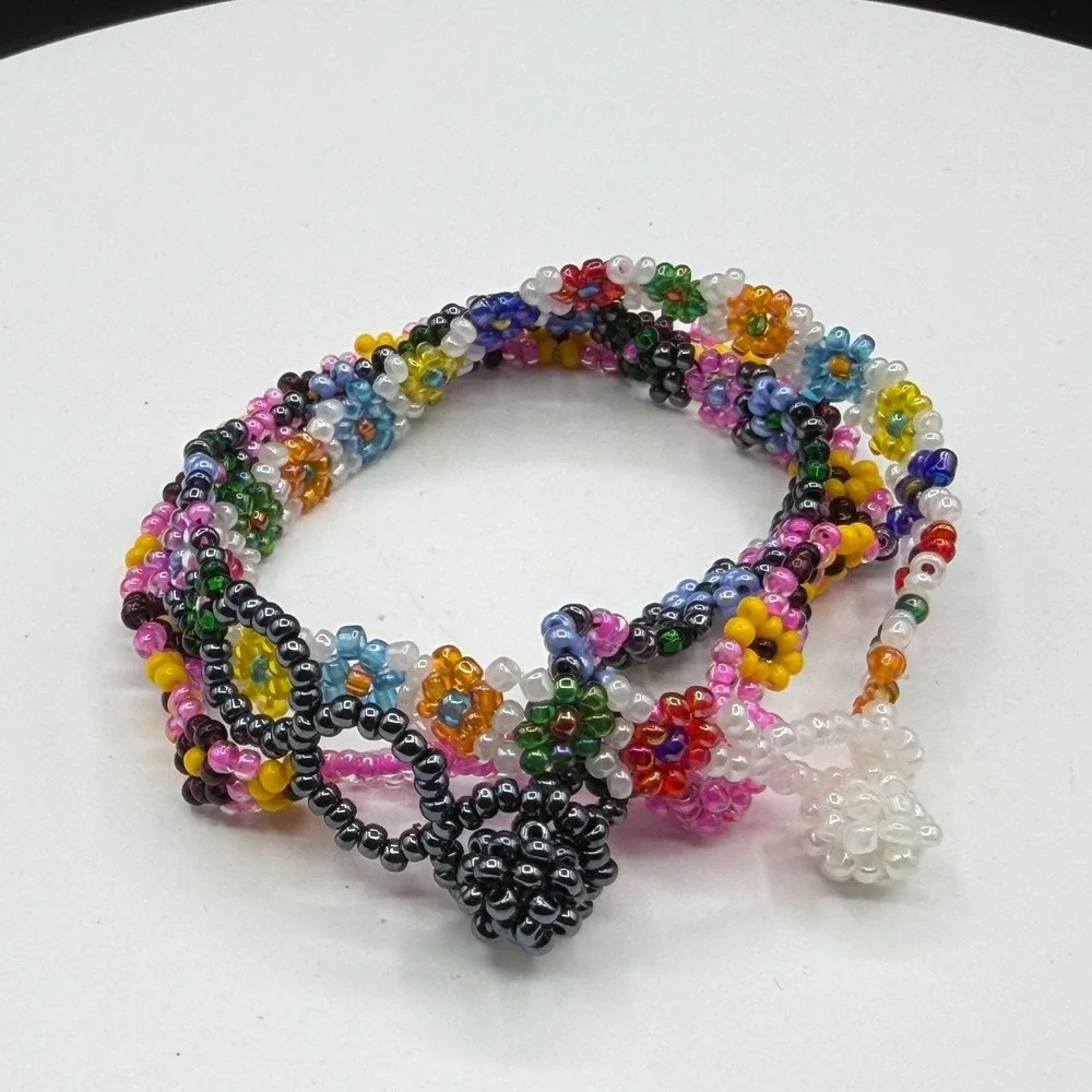 3Pc Colorful Handmade Seed Bead Floral Bracelets Daisy Friendship Jewelry Set